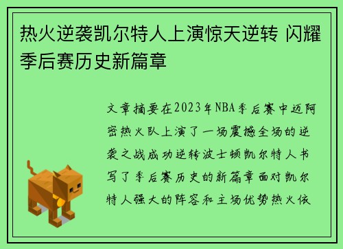 热火逆袭凯尔特人上演惊天逆转 闪耀季后赛历史新篇章