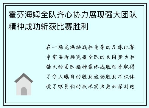 霍芬海姆全队齐心协力展现强大团队精神成功斩获比赛胜利
