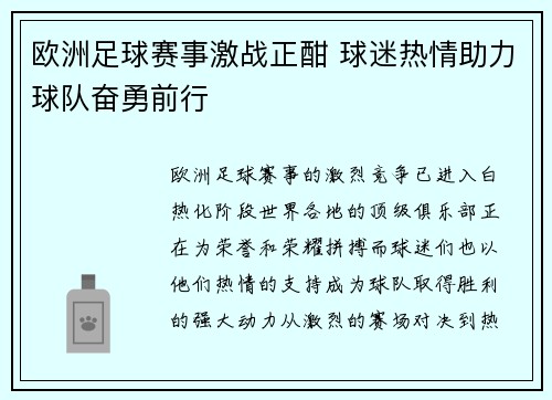 欧洲足球赛事激战正酣 球迷热情助力球队奋勇前行
