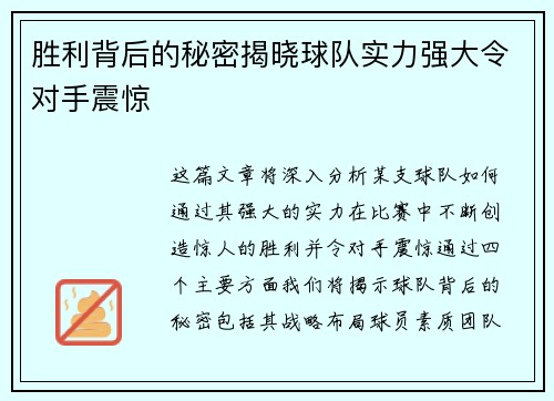 胜利背后的秘密揭晓球队实力强大令对手震惊