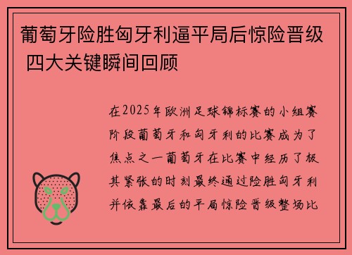 葡萄牙险胜匈牙利逼平局后惊险晋级 四大关键瞬间回顾